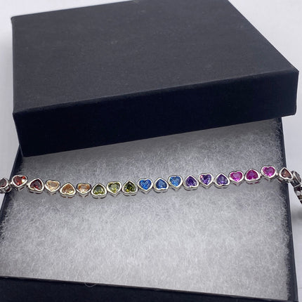 Vintage Heart Silver Tennis Bracelet | CZ Crystal Rainbow 925 Sterling Silver Bracelet | Elegant Everyday Wedding or Prom