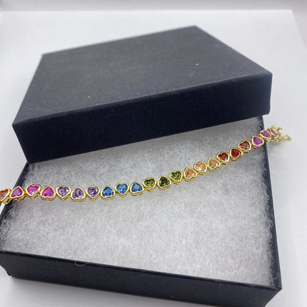 Vintage Rainbow Heart Gold Tennis Bracelet | CZ Crystal Rainbow 925 Sterling Silver Bracelet