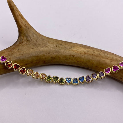 Vintage Rainbow Heart Gold Tennis Bracelet | CZ Crystal Rainbow 925 Sterling Silver Bracelet
