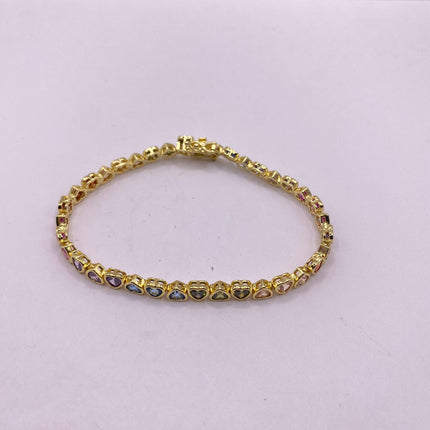 Vintage Rainbow Heart Gold Tennis Bracelet | CZ Crystal Rainbow 925 Sterling Silver Bracelet