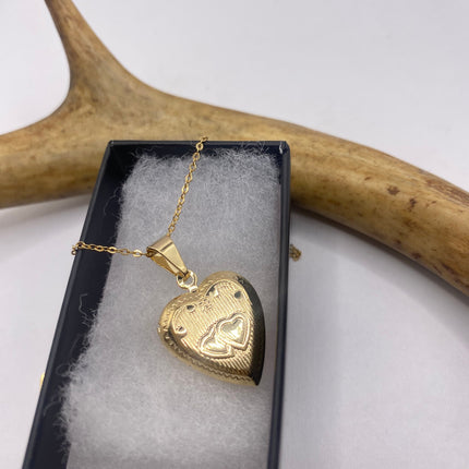Vintage Gold Locket | Tiny 9k Gold Filled Heart Pendant Photo Memory Charm Engraved Flower | Golden 925 Sterling Silver Chain Necklace