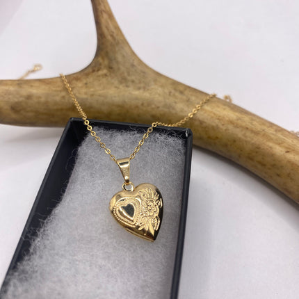 Vintage Gold Locket | Tiny Etched Heart Charm 9K GF Gold Chain | Mini Photo Dainty Memory Pendant Necklace