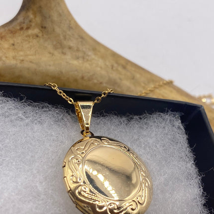 Vintage Gold Locket | Tiny Round Etched Engraved 9K Gold Filled Photo Memory Locket on Delicate Gold Chain | Small Photo Memory Necklace