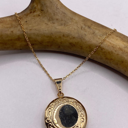 Vintage Gold Locket | Tiny Round Etched Engraved 9K Gold Filled Photo Memory Locket on Delicate Gold Chain | Small Photo Memory Necklace
