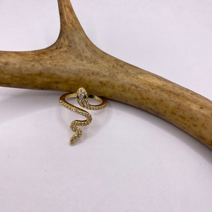 Vintage Gold Snake Ring | Green and Cubic Zirconia Crystal Diamond Gemstones 9k Gold Filled Band | Unique Gift Serpent Statement Ring