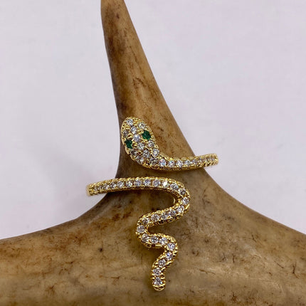 Vintage Gold Snake Ring | Green and Cubic Zirconia Crystal Diamond Gemstones 9k Gold Filled Band | Unique Gift Serpent Statement Ring