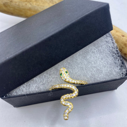 Vintage Gold Snake Ring | Green and Cubic Zirconia Crystal Diamond Gemstones 9k Gold Filled Band | Unique Gift Serpent Statement Ring