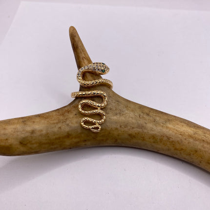 Vintage Gold Snake Ring | Green and Cubic Zirconia Crystal Diamond Gemstones 9k Gold Filled Band | Unique Gift Serpent Statement Ring