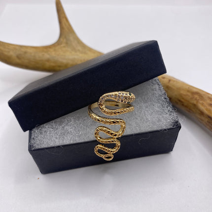Vintage Gold Snake Ring | Green and Cubic Zirconia Crystal Diamond Gemstones 9k Gold Filled Band | Unique Gift Serpent Statement Ring