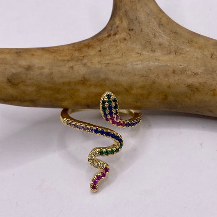 Vintage Gold Snake Ring | Green and Cubic Zirconia Crystal Diamond Gemstones 9k Gold Filled Band | Unique Gift Serpent Statement Ring
