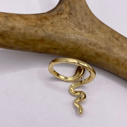 Vintage Gold Snake Ring | Green and Cubic Zirconia Crystal Diamond Gemstones 9k Gold Filled Band | Unique Gift Serpent Statement Ring