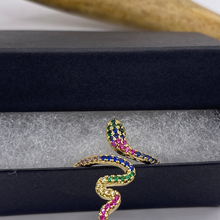 Vintage Gold Snake Ring | Green and Cubic Zirconia Crystal Diamond Gemstones 9k Gold Filled Band | Unique Gift Serpent Statement Ring