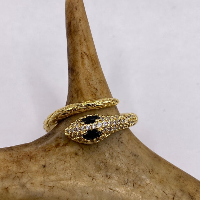 Vintage Gold Snake Ring | Black and Cubic Zirconia Crystal Diamond Gemstones 9k Gold Filled Band | Unique Gift Serpent Statement Ring