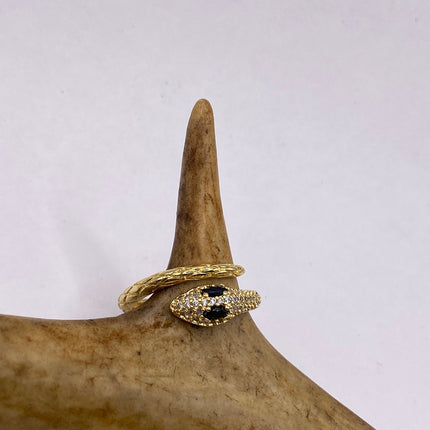 Vintage Gold Snake Ring | Black and Cubic Zirconia Crystal Diamond Gemstones 9k Gold Filled Band | Unique Gift Serpent Statement Ring