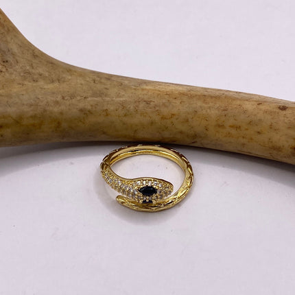 Vintage Gold Snake Ring | Black and Cubic Zirconia Crystal Diamond Gemstones 9k Gold Filled Band | Unique Gift Serpent Statement Ring