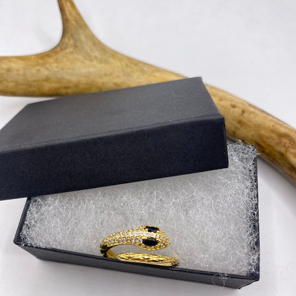 Vintage Gold Snake Ring | Black and Cubic Zirconia Crystal Diamond Gemstones 9k Gold Filled Band | Unique Gift Serpent Statement Ring