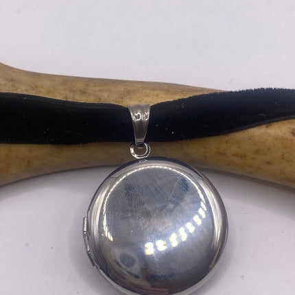 Vintage Silver Locket | Small Round Photo Memory Charm Velvet Choker Necklace | Stainless Steel Pendant Holds Small Photo or Pet Memory