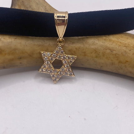 Vintage Gold Star of David Pendant Choker Necklace | 9K Gold Filled Tiny Minimal Jewish Star Velvet Ribbon Statement Charm Choker Necklace