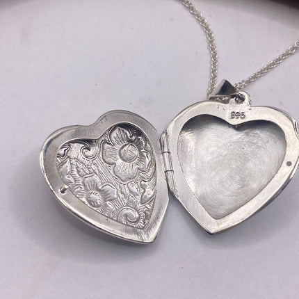 Vintage Silver Locket |Heart Pendant Photo Memory Charm Etched Design | 925 Sterling Silver Chain Necklace | Holds Small Photo