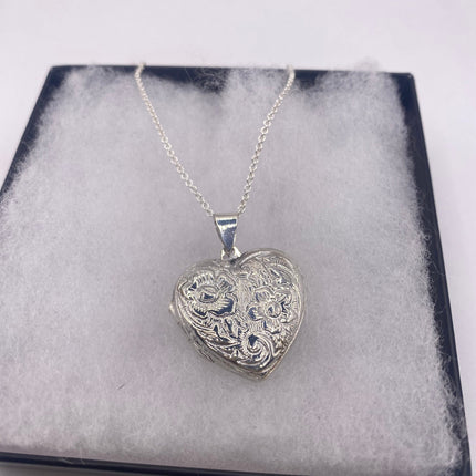 Vintage Silver Locket |Heart Pendant Photo Memory Charm Etched Design | 925 Sterling Silver Chain Necklace | Holds Small Photo