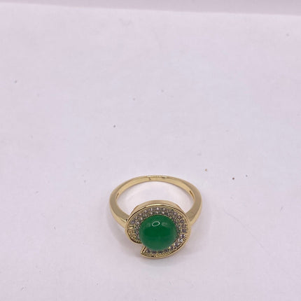 Vintage Gold Green Jade Lucky Cocktail Ring Lotus Leaf antique design, diamond look