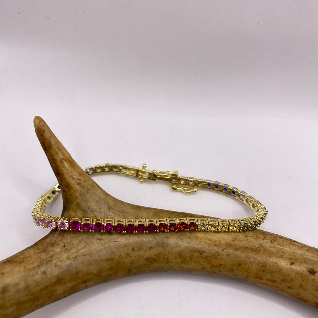 Vintage Golden Tennis Bracelet | CZ Crystal Rainbow Gold 925 Sterling Silver Bracelet