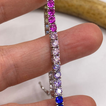Vintage Silver Tennis Bracelet | CZ Crystal Rainbow 925 Sterling Silver Bracelet | Elegant Everyday Wedding or Prom