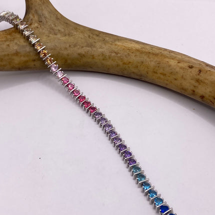Vintage Silver Tennis Bracelet | CZ Crystal Rainbow 925 Sterling Silver Bracelet | Elegant Everyday Wedding or Prom