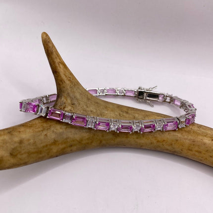 Vintage Silver Tennis Bracelet | Baguette Cut Pink Ice Cubic Zirconia Crystal Diamond | 925 Sterling Silver Stackable Everyday Prom Jewelry