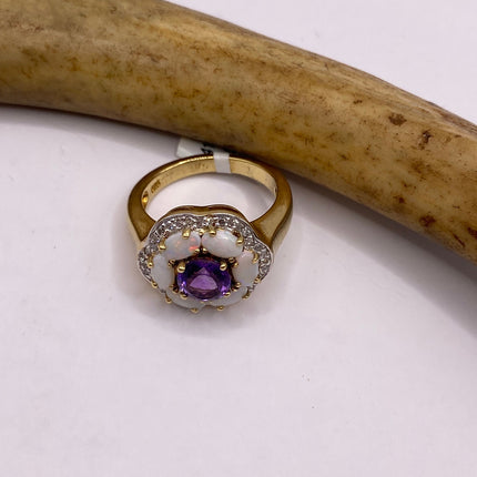 Vintage Purple Amethyst Opal Diamond Flower Ring Band Golden 925 Sterling Silver | Engagement Ring |Promise Ring