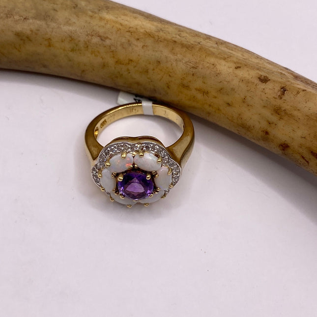 Vintage Purple Amethyst Opal Diamond Flower Ring Band Golden 925 Sterling Silver | Engagement Ring |Promise Ring