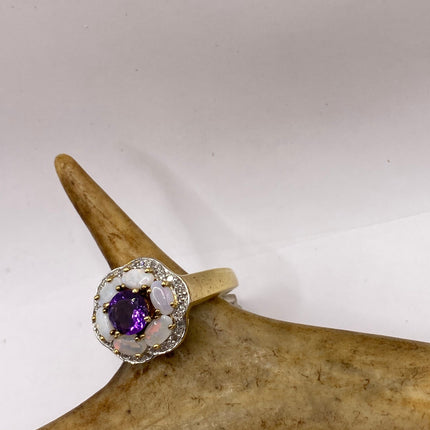 Vintage Purple Amethyst Opal Diamond Flower Ring Band Golden 925 Sterling Silver | Engagement Ring |Promise Ring