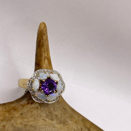 Vintage Purple Amethyst Opal Diamond Flower Ring Band Golden 925 Sterling Silver | Engagement Ring |Promise Ring