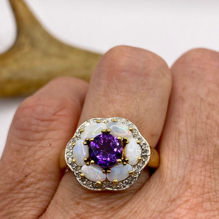 Vintage Purple Amethyst Opal Diamond Flower Ring Band Golden 925 Sterling Silver | Engagement Ring |Promise Ring