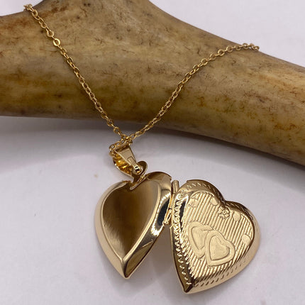 Vintage Gold Locket | Tiny 9k Gold Filled Heart Pendant Photo Memory Charm Engraved Flower | Golden 925 Sterling Silver Chain Necklace