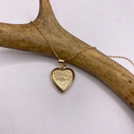 Vintage Gold Locket | Tiny 9k Gold Filled Heart Pendant Photo Memory Charm Engraved Flower | Golden 925 Sterling Silver Chain Necklace
