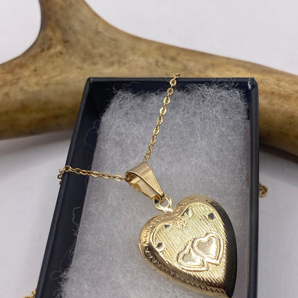 Vintage Gold Locket | Tiny 9k Gold Filled Heart Pendant Photo Memory Charm Engraved Flower | Golden 925 Sterling Silver Chain Necklace