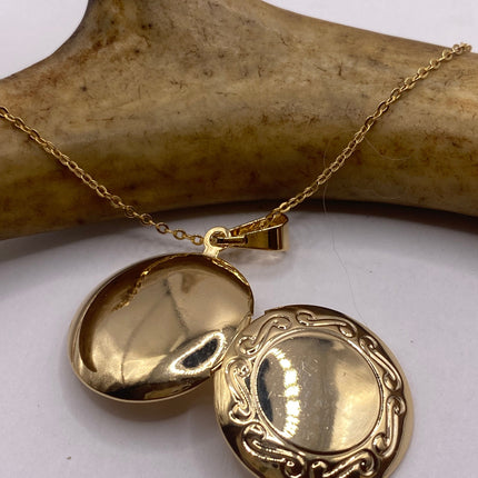Vintage Gold Locket | Tiny Round Etched Engraved 9K Gold Filled Photo Memory Locket on Delicate Gold Chain | Small Photo Memory Necklace
