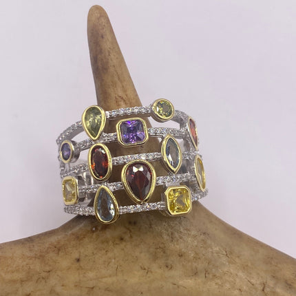 Vintage Silver Ring | Mixed Stone CZ Clear Crystal Diamond Boho Cocktail | 925 Sterling Silver Antique Wedding Band Statement Ring