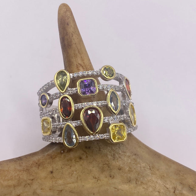 Vintage Silver Ring | Mixed Stone CZ Clear Crystal Diamond Boho Cocktail | 925 Sterling Silver Antique Wedding Band Statement Ring