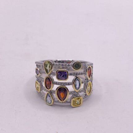 Vintage Silver Ring | Mixed Stone CZ Clear Crystal Diamond Boho Cocktail | 925 Sterling Silver Antique Wedding Band Statement Ring