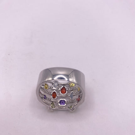 Vintage Silver Ring | Mixed Stone CZ Clear Crystal Diamond Boho Cocktail | 925 Sterling Silver Antique Wedding Band Statement Ring