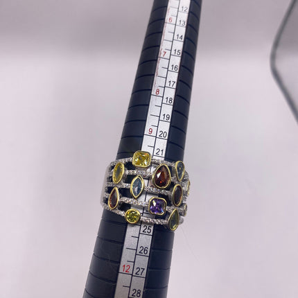 Vintage Silver Ring | Mixed Stone CZ Clear Crystal Diamond Boho Cocktail | 925 Sterling Silver Antique Wedding Band Statement Ring