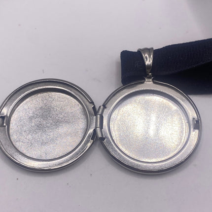 Vintage Silver Locket | Small Round Photo Memory Charm Velvet Choker Necklace | Stainless Steel Pendant Holds Small Photo or Pet Memory