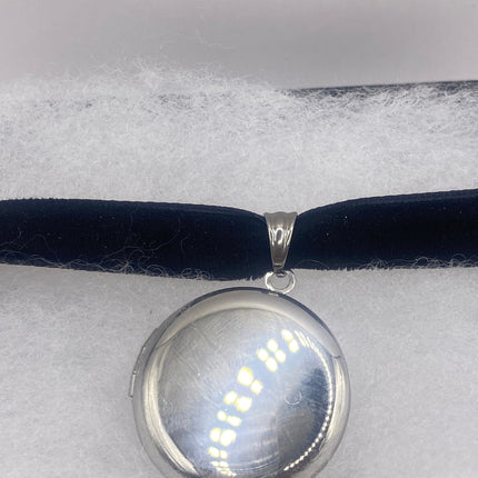 Vintage Silver Locket | Small Round Photo Memory Charm Velvet Choker Necklace | Stainless Steel Pendant Holds Small Photo or Pet Memory