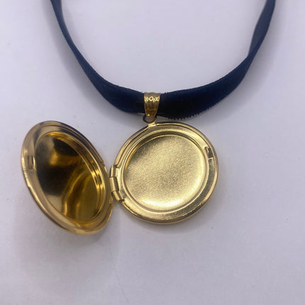 Vintage Gold Locket | Small Round Photo Memory Charm Velvet Choker Necklace | Golden Stainless Steel Pendant Holds Small Photo or Pet Memory