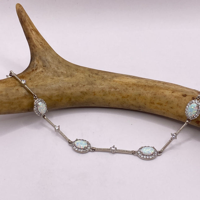 Vintage Minimal Tennis Bracelet | Blue Fire Opal Gemstone Cubic Zirconia Crystal Diamond 925 Sterling Silver
