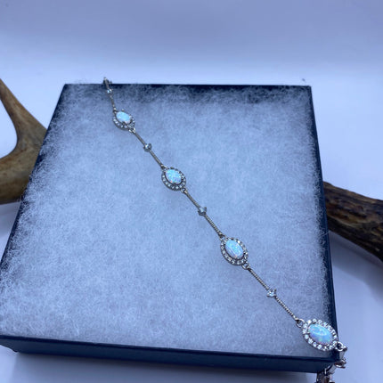 Vintage Minimal Tennis Bracelet | Blue Fire Opal Gemstone Cubic Zirconia Crystal Diamond 925 Sterling Silver