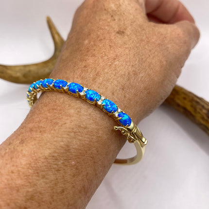 Vintage Minimal Tennis Bracelet | Blue Fire Opal Gemstone Cubic Zirconia Crystal Diamond Gold 925 Sterling Silver