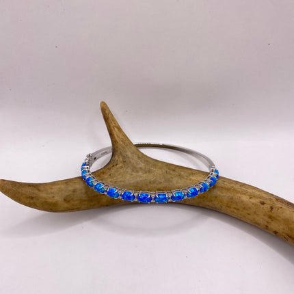 Vintage Minimal Tennis Bracelet | Blue Fire Opal Gemstone Cubic Zirconia Crystal Diamond 925 Sterling Silver